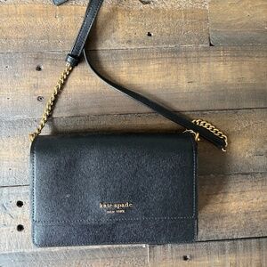 Kate Spade Black Leather Crossbody Bag with Gold Chain